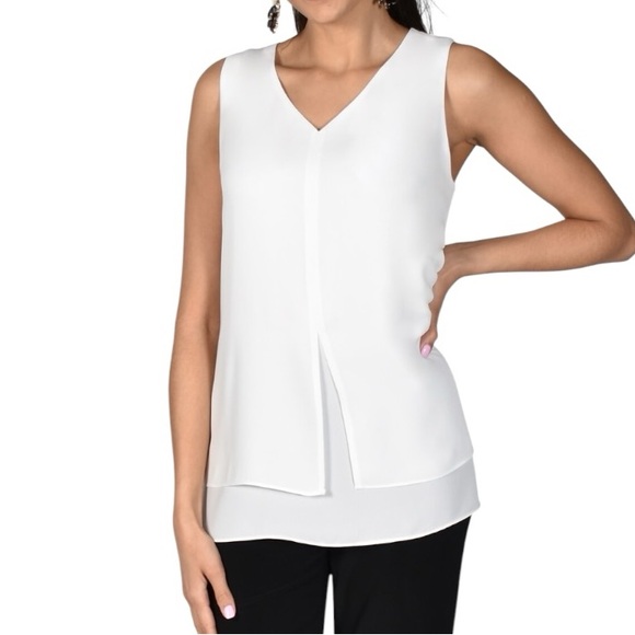 Frank Lyman Design White Asymmetrical Sleeveless Blouse - Picture 1 of 6